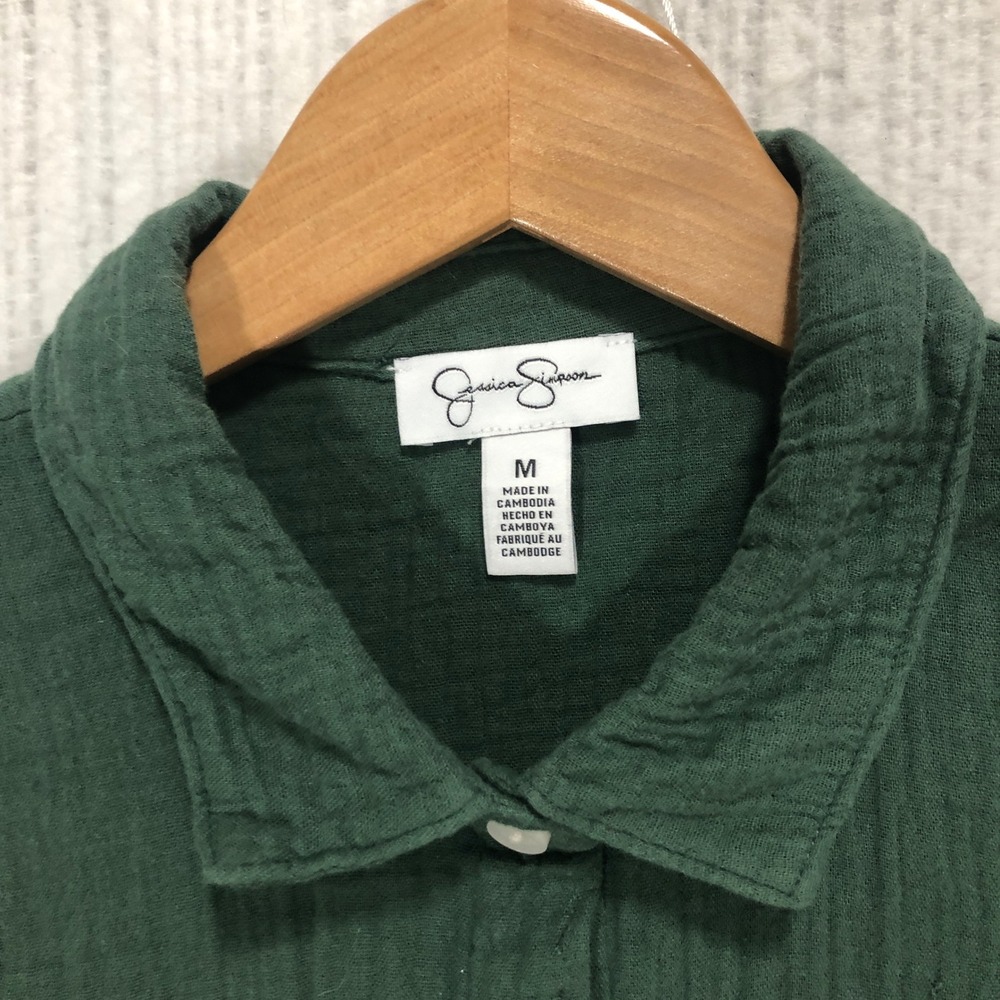 Jessica Simpson Womens Forest Green Cotton Gauze Short Sleeve Button Down M - Picture 4 of 8